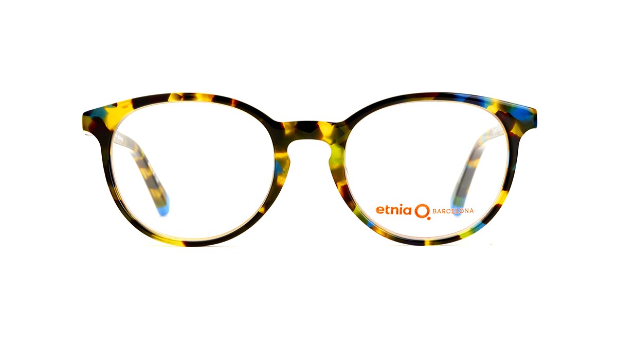 Yellow and blue speckled eyeglasses